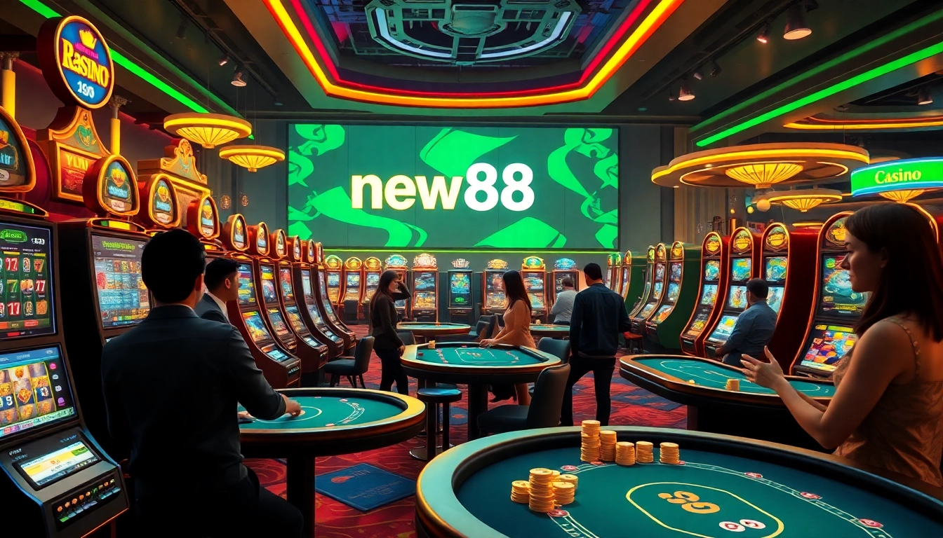 The lively casino atmosphere of new88 featuring slot machines, poker tables, and excited players celebrating wins.