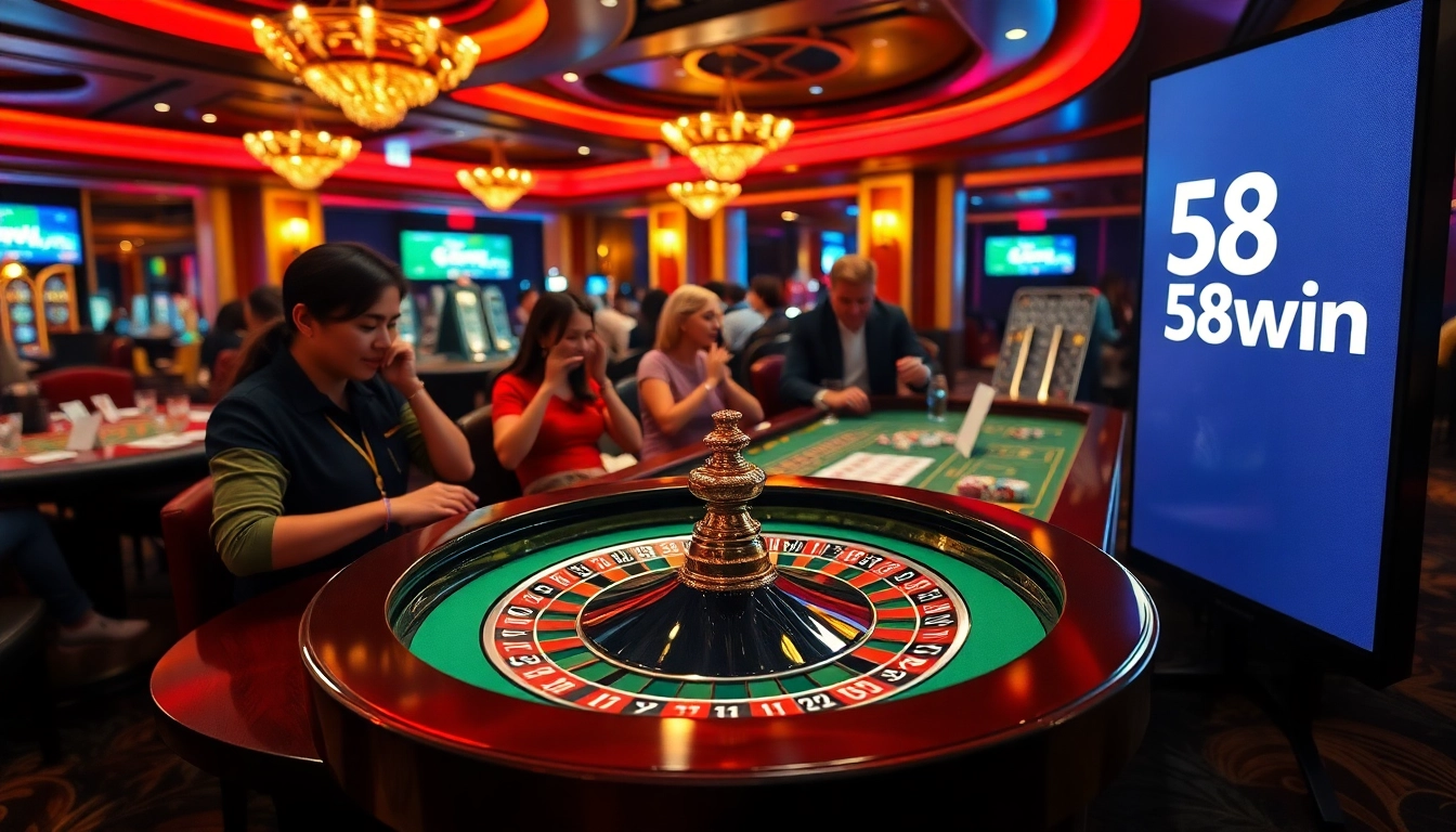 Players lively betting at a roulette table in a glamorous casino at 58win.