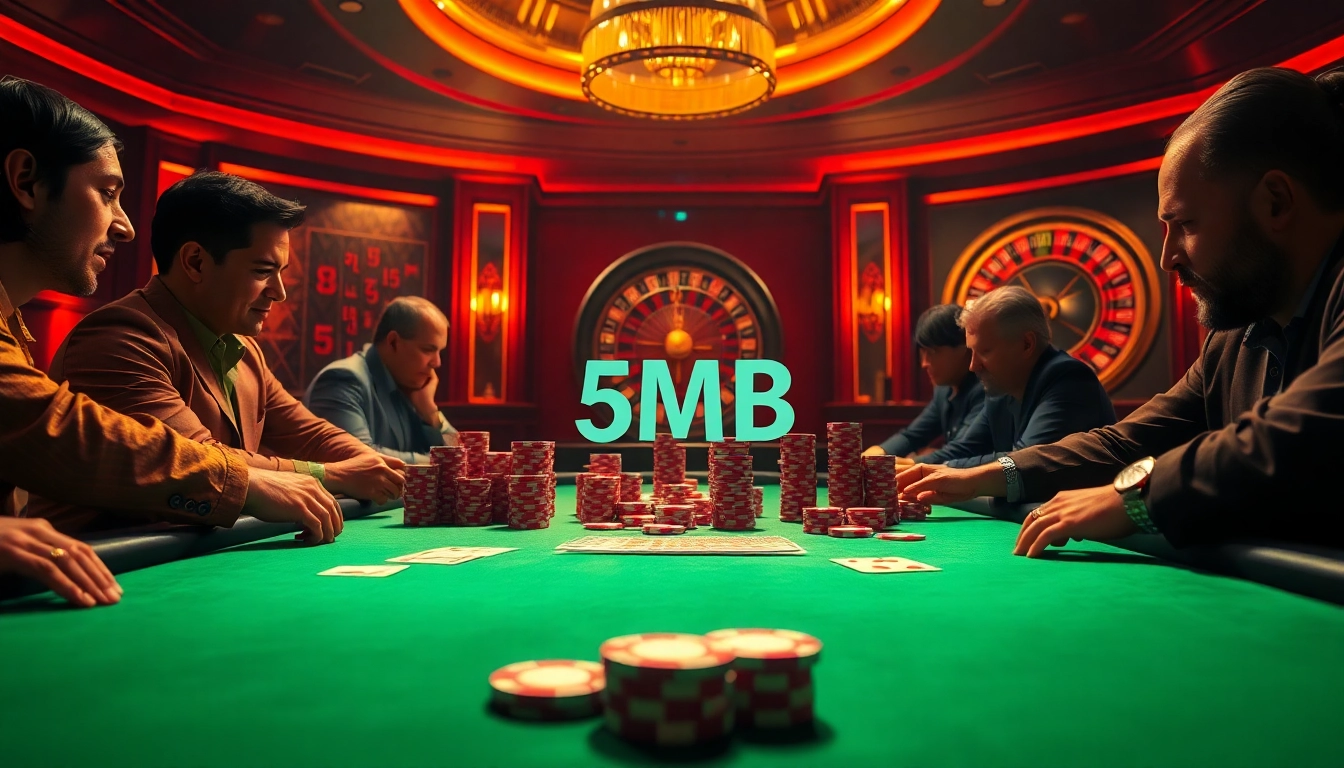 Scene of intense poker game featuring 5MB virtual betting chips in luxurious casino.