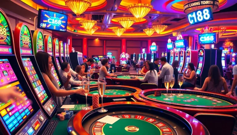 Exciting casino floor with players enjoying various games, featuring C168 betting promotions and vibrant slot machines.