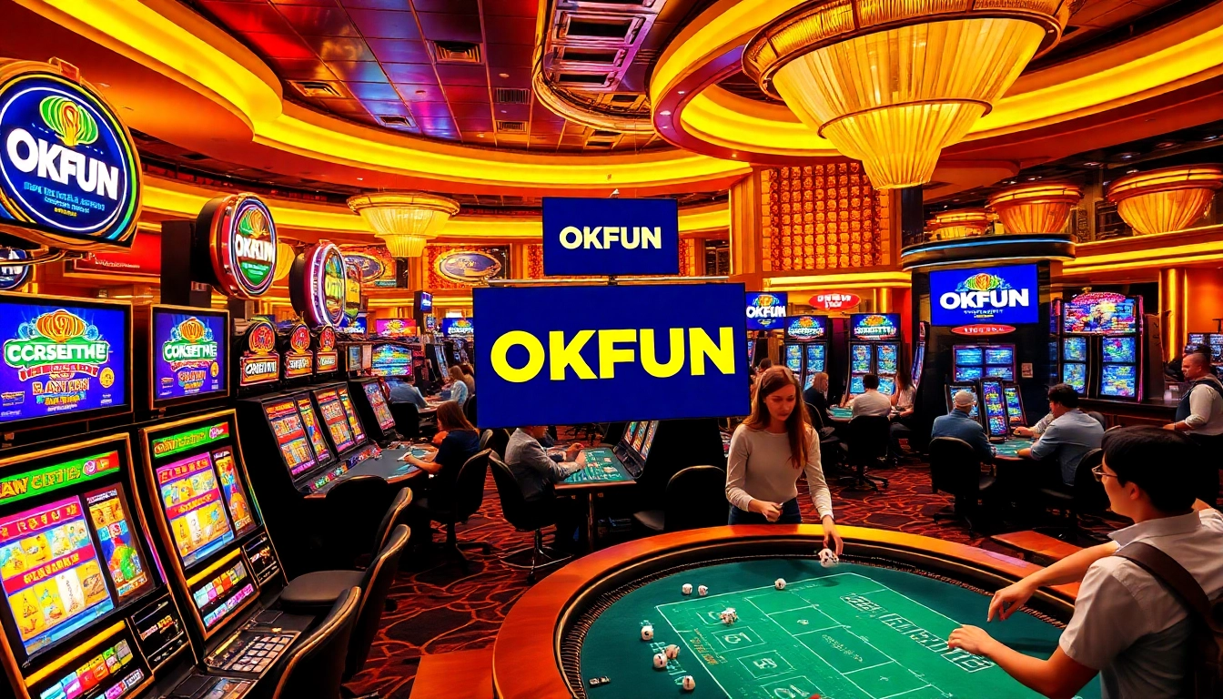 A lively casino scene featuring players at poker tables and slot machines, highlighting the vibrant OKFUN brand.