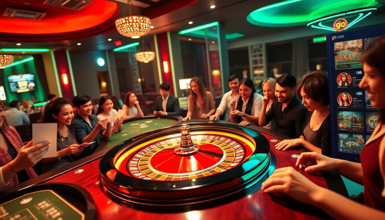 Engage in thrilling casino action at go8.com with roulette, poker, and vibrant players celebrating wins.