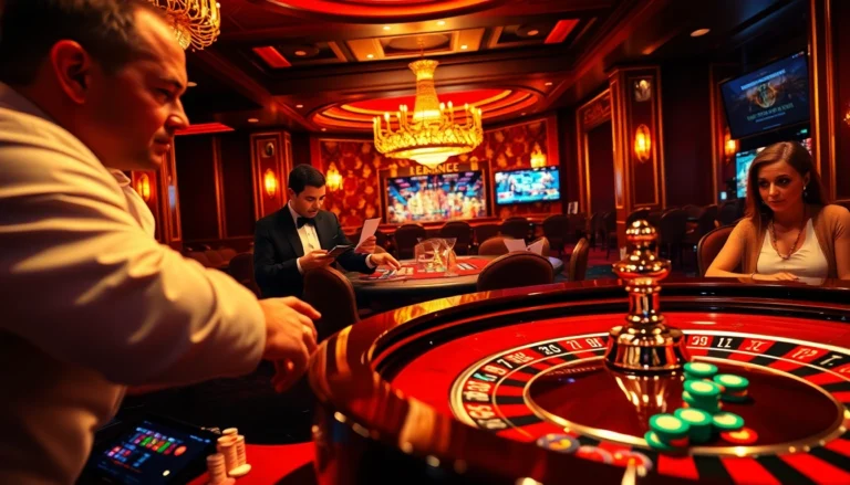 Exciting casino scene featuring players at a roulette table, highlighting https://lc88.blog/ for online betting engagement.
