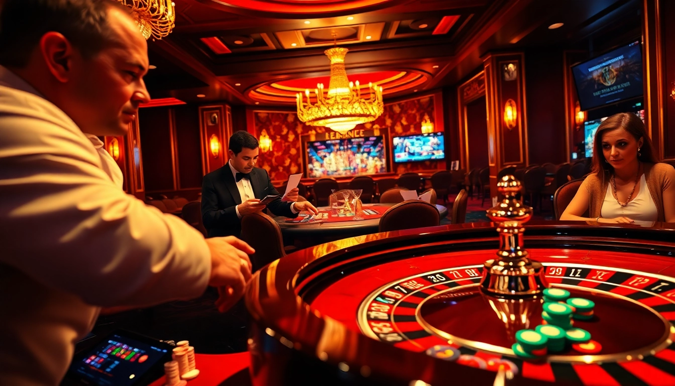 Exciting casino scene featuring players at a roulette table, highlighting https://lc88.blog/ for online betting engagement.