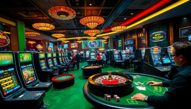 Players enjoying thrilling games at UU 88 casino, featuring vibrant slots and poker tables.