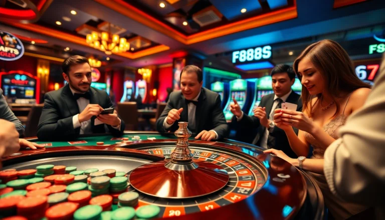Experience F88BET's thrilling casino environment with excited players at a vibrant poker table filled with chips and cards.