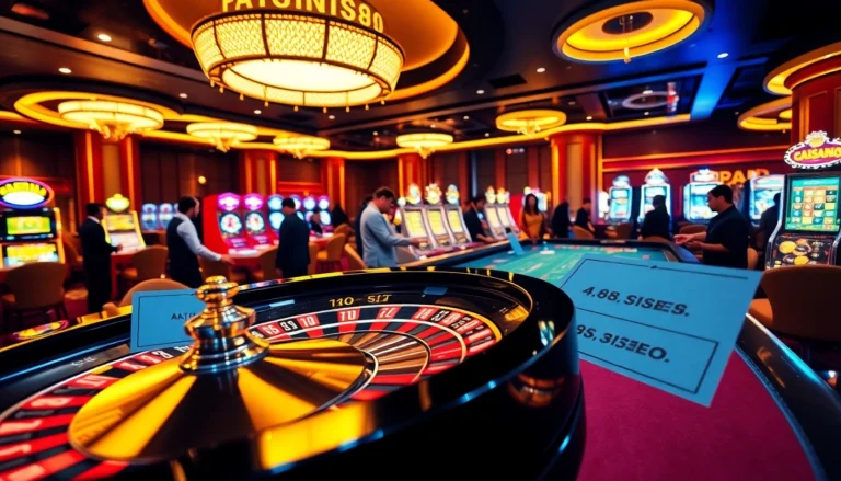 Players betting on a roulette wheel at a lively casino scene on https://lc88.us/, showcasing excitement and vibrant gaming action.