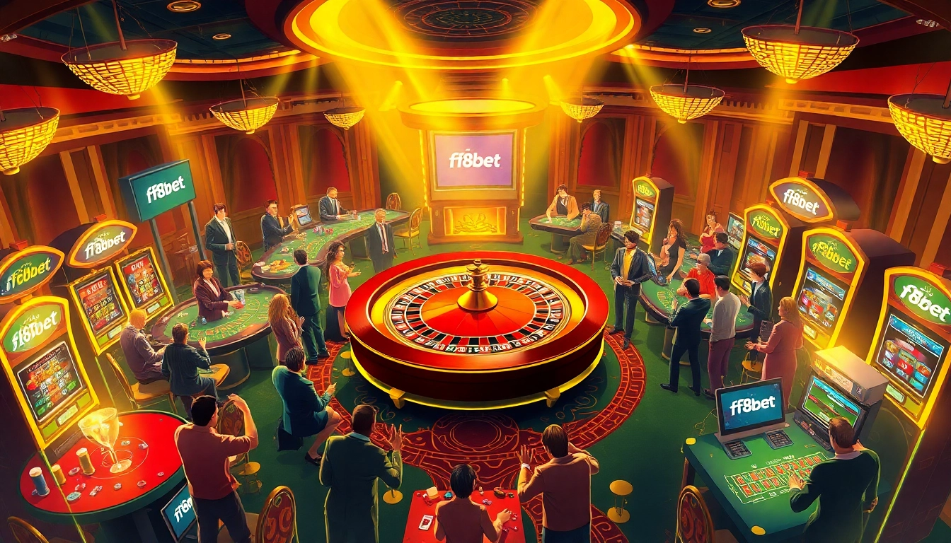Excited players enjoying a thrilling f8bet casino experience at a glamorous roulette table, surrounded by slot machines and poker games.