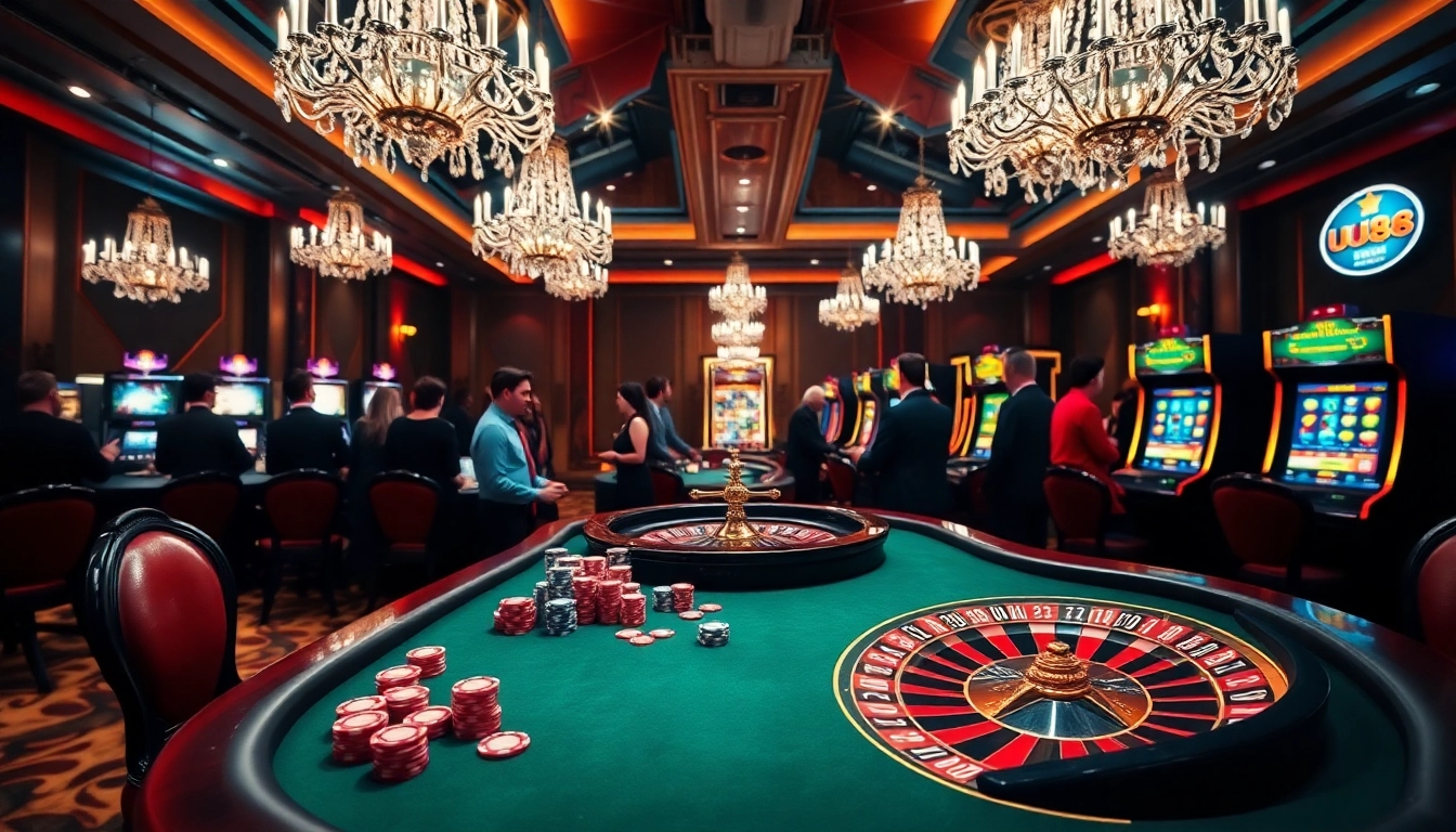 Experience the thrill of gambling at UU88 with an elegant casino setting, featuring poker tables and excited players.