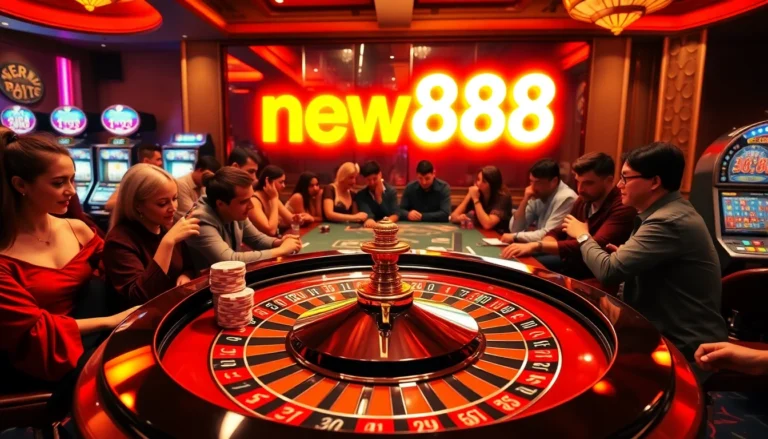 New888 players enjoying a thrilling roulette game at a luxury casino table filled with colorful chips.